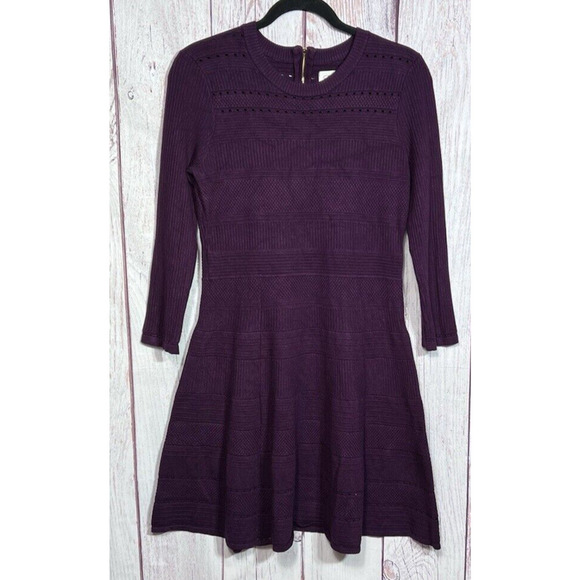 Eliza J Women's Wine Sweater Dress With Cutwork 3/4 Sleeve Fit & Flare Size L - Picture 4 of 13